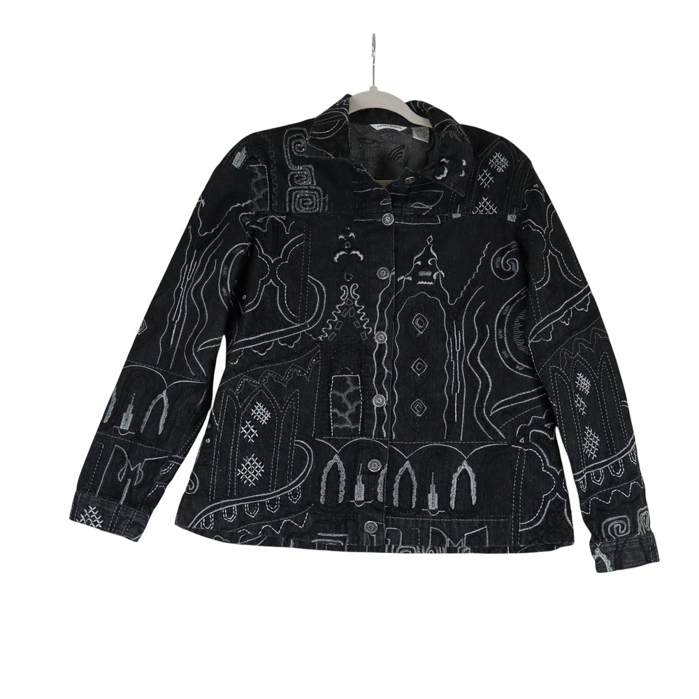 Laura Ashley Embroidered Denim Jacket Medium Black Artsy Whimsigoth Witchy Y2K